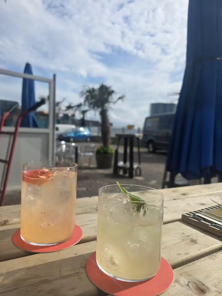 Twee cocktails met kruiden op een tafel op het terras