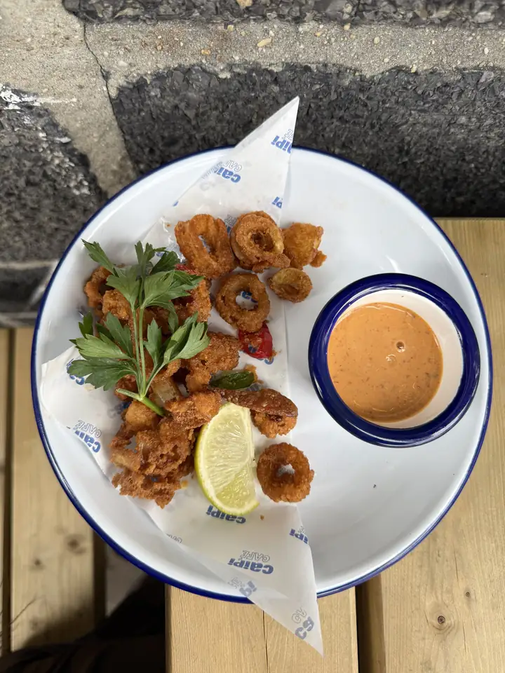 Calamari met dipsaus en citroen op een emaille bord